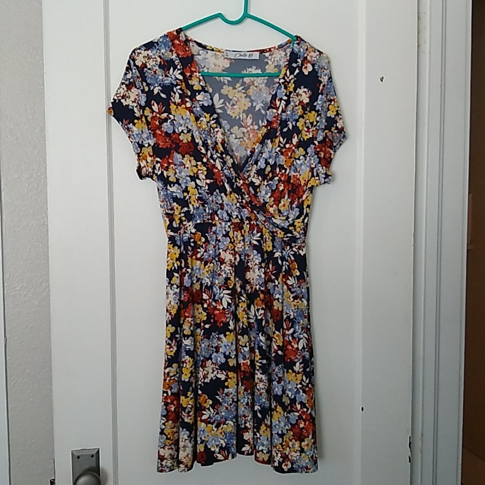 Adorable short sleeve floral faux wrap dress